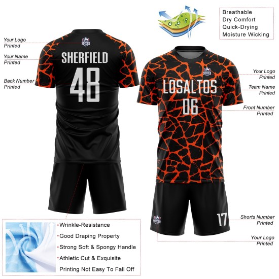 Benutzerdefinierte schwarz weiß-orange abstrakte Netzwerk Splash Sublimation Fußball Uniform Jersey