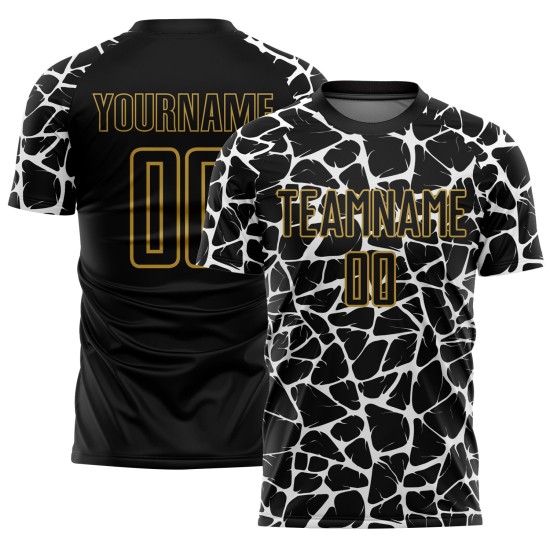 Benutzerdefinierte schwarz weiß-altgold abstrakte Netzwerk Splash Sublimation Fußball Uniform Jersey