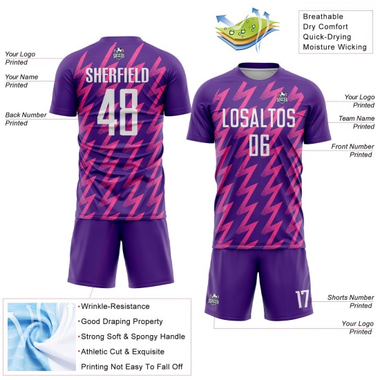 Benutzerdefinierte Lila Weiß-Rosa Zickzack Form Sublimation Fußball Uniform Trikot