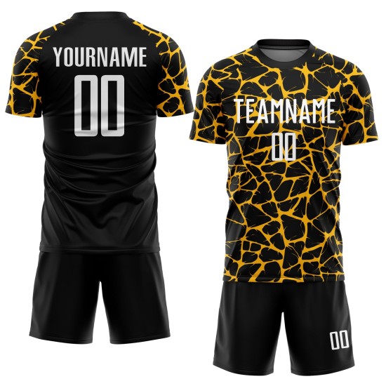 Benutzerdefinierte schwarz weiß-gold abstrakte Netzwerk Splash Sublimation Fußball Uniform Trikot