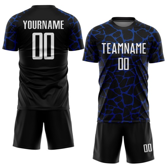 Benutzerdefinierte schwarz weiß-königsblau abstrakte Netzwerk Splash Sublimation Fußball Uniform Trikot