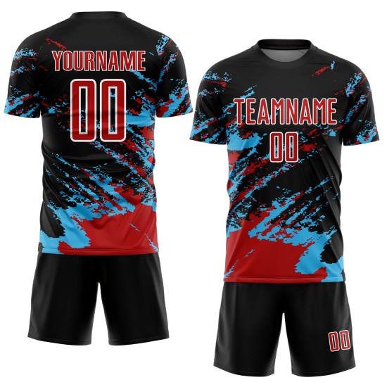 Benutzerdefinierte schwarz rot-himmelblau abstrakte Fragment Kunst Splash Sublimation Fußball Uniform Jersey Benutzerdefinierte schwarz rot-himmelblau abstrakte Fragment Kunst Splash Sublimation Fußball Uniform Jersey