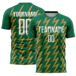 Benutzerdefinierte Kelly Green Weiß-Altgold Zickzack Form Sublimation Fußball Uniform Trikot