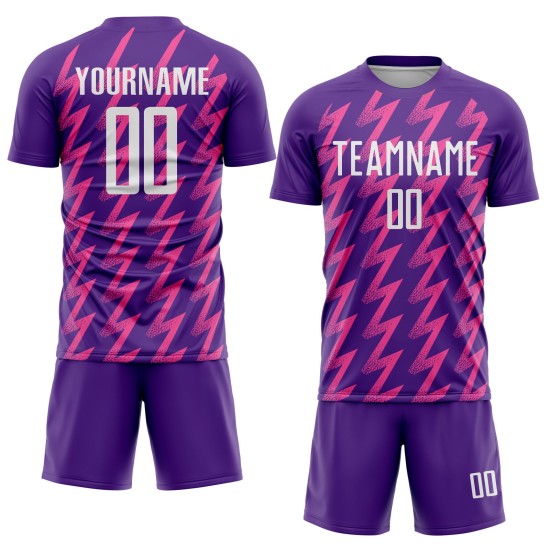 Benutzerdefinierte Lila Weiß-Rosa Zickzack Form Sublimation Fußball Uniform Trikot