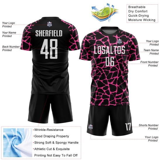 Benutzerdefinierte schwarz weiß-rosa abstrakte Netzwerk Splash Sublimation Fußball Uniform Jersey
