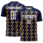 Benutzerdefiniertes Marine-Weiß-Altgold-Sublimations-Fußballtrikot mit Zickzack-Form