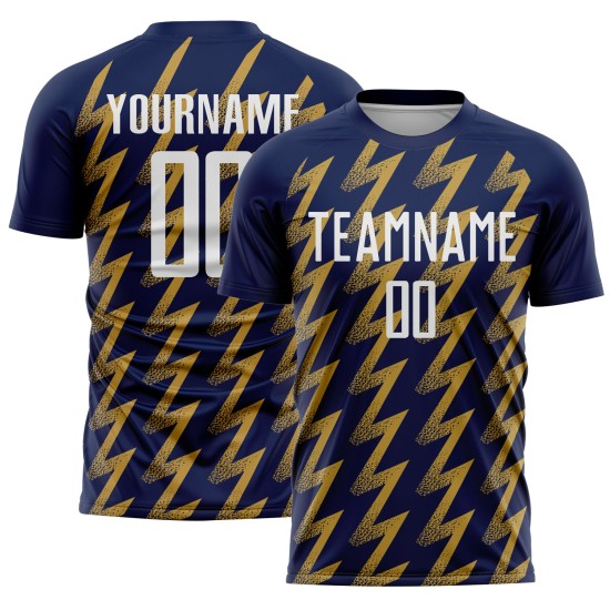 Benutzerdefiniertes Marine-Weiß-Altgold-Sublimations-Fußballtrikot mit Zickzack-Form