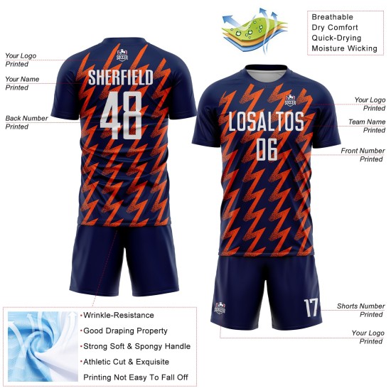 Benutzerdefiniertes Marineblaues, Weiß-Orangefarbenes Sublimations-Fußballtrikot