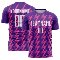 Benutzerdefinierte Lila Weiß-Rosa Zickzack Form Sublimation Fußball Uniform Trikot