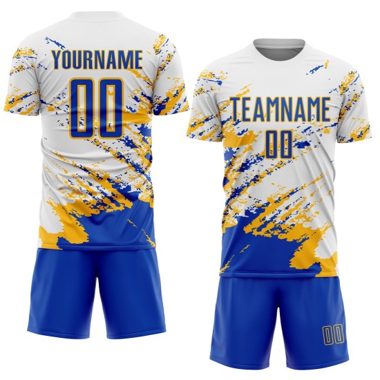 Benutzerdefinierte weiß Thunder Blue-Gold abstrakte Fragment Kunst Splash Sublimation Fußball Uniform Trikot