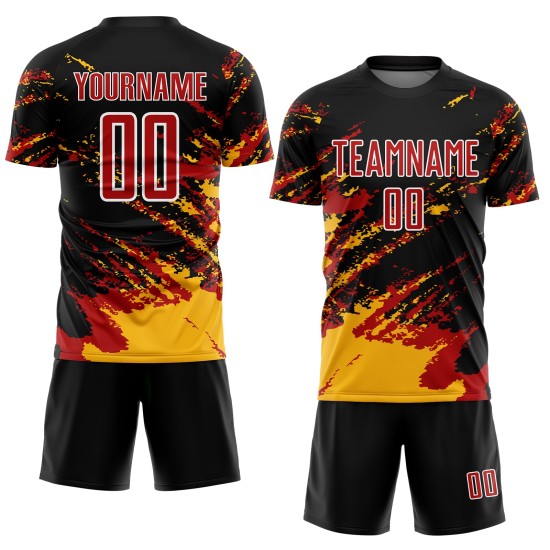 Benutzerdefinierte schwarz rot-gold abstrakte Fragment Kunst Splash Sublimation Fußball Uniform Trikot