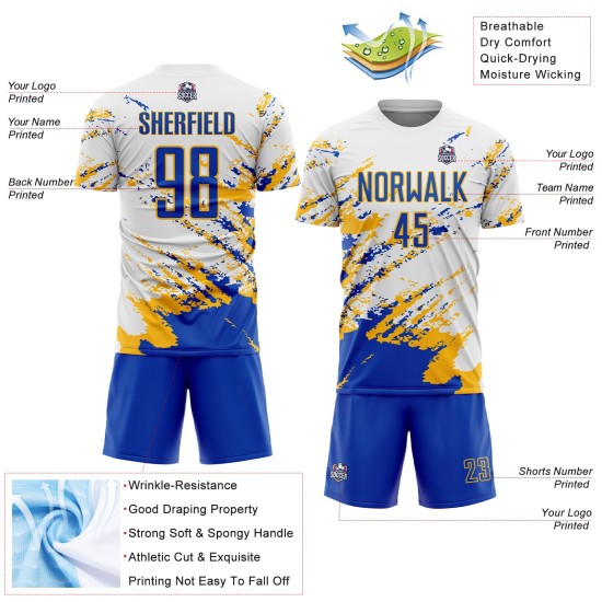 Benutzerdefinierte weiß Thunder Blue-Gold abstrakte Fragment Kunst Splash Sublimation Fußball Uniform Trikot