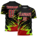 Benutzerdefinierte schwarz rot-neongrün abstrakte Fragment Kunst Splash Sublimation Fußball Uniform Trikot