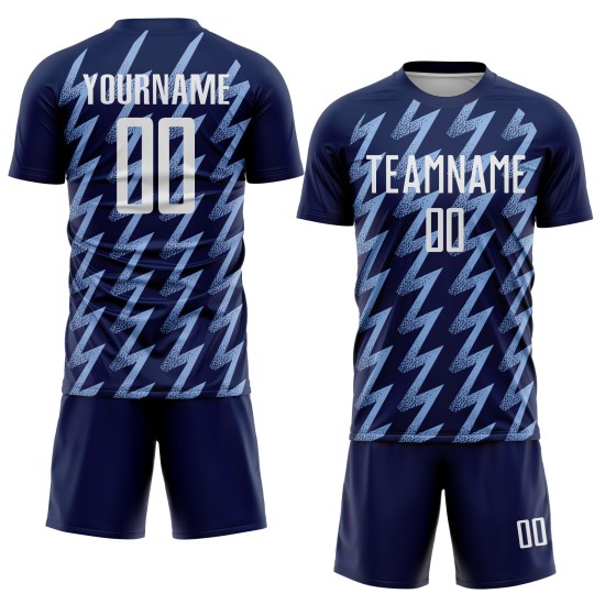 Benutzerdefiniertes Marineblaues, Weiß-Hellblaues, Zickzack-förmiges Sublimations-Fußballtrikot