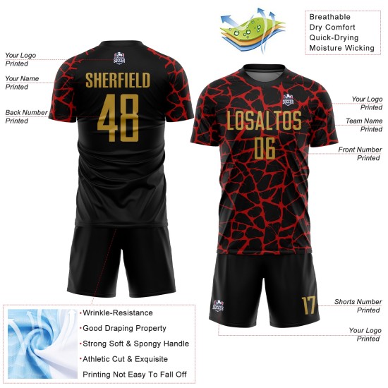 Benutzerdefinierte schwarz alt gold-rot abstrakte Netzwerk Splash Sublimation Fußball Uniform Trikot