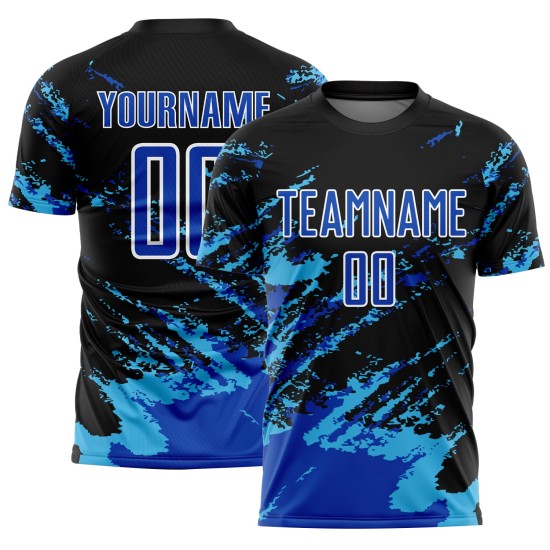 Benutzerdefinierte Schwarz Thunder Blau-Himmel Blau Abstrakte Fragment Kunst Splash Sublimation Fußball Uniform Jersey