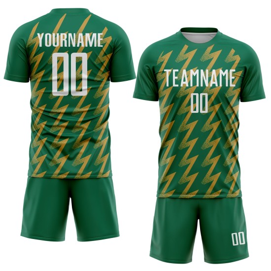 Benutzerdefinierte Kelly Green Weiß-Altgold Zickzack Form Sublimation Fußball Uniform Trikot