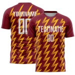 Benutzerdefiniertes purpurrotes weiß-goldenes Sublimations-Fußballtrikot in Zickzack-Form Benutzerdefiniertes purpurrotes weiß-goldenes Sublimations-Fußballtrikot in Zickzack-Form