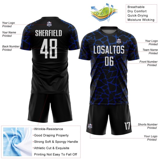 Benutzerdefinierte schwarz weiß-königsblau abstrakte Netzwerk Splash Sublimation Fußball Uniform Trikot