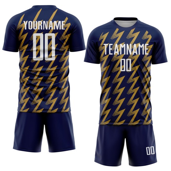 Benutzerdefiniertes Marine-Weiß-Altgold-Sublimations-Fußballtrikot mit Zickzack-Form