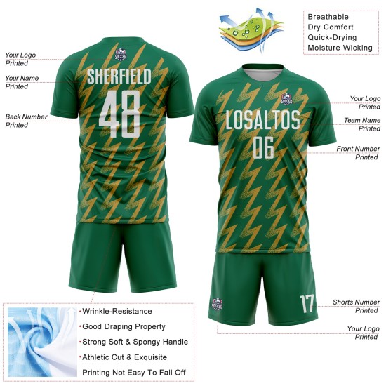 Benutzerdefinierte Kelly Green Weiß-Altgold Zickzack Form Sublimation Fußball Uniform Trikot