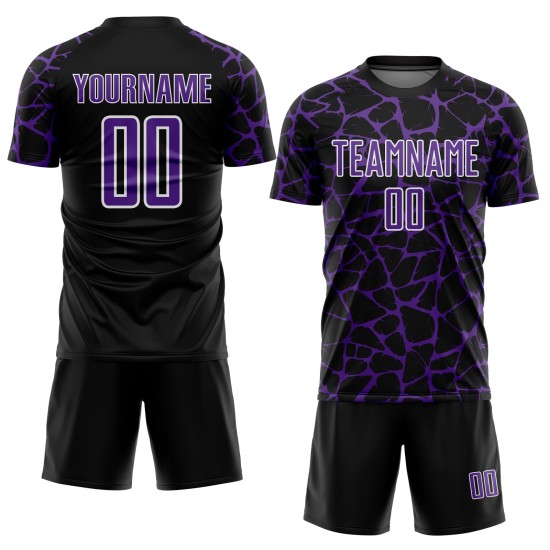 Benutzerdefinierte schwarz lila-weiß abstrakte Netzwerk Splash Sublimation Fußball Uniform Trikot