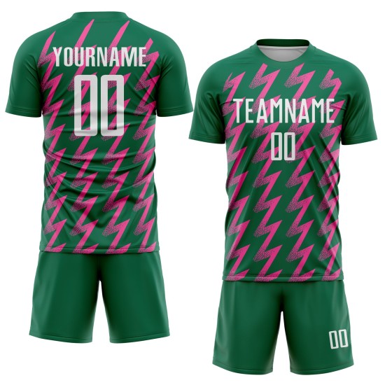 Benutzerdefinierte Kelly Green Weiß-Pink Zickzack Form Sublimation Fußball Uniform Trikot