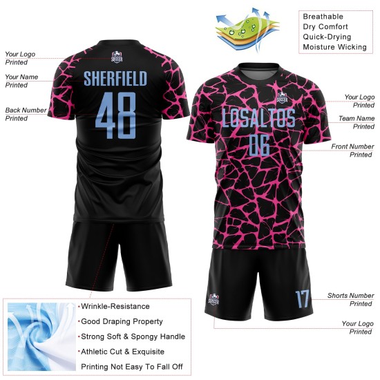 Benutzerdefinierte schwarz hellblau-rosa abstrakte Netzwerk Splash Sublimation Fußball Uniform Jersey