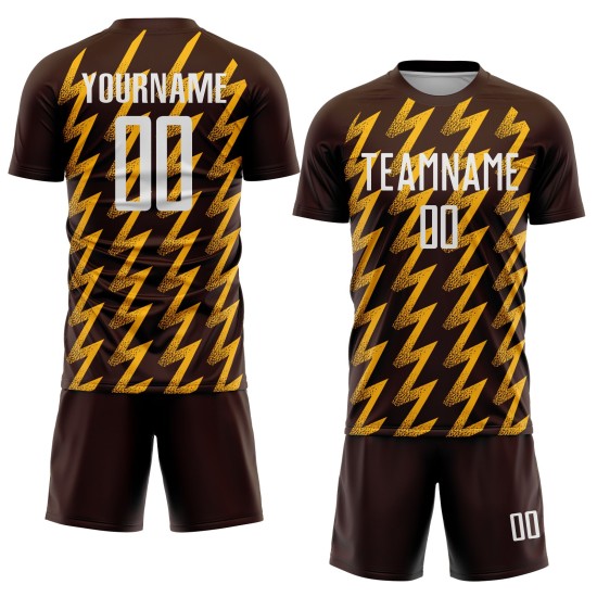 Benutzerdefiniertes braun-weiß-goldenes Sublimations-Fußballtrikot in Zickzack-Form