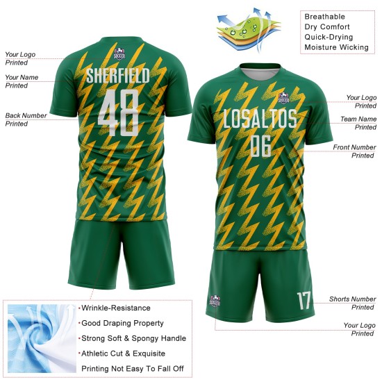 Benutzerdefinierte Kelly Green Weiß-Gold Zickzack Form Sublimation Fußball Uniform Trikot