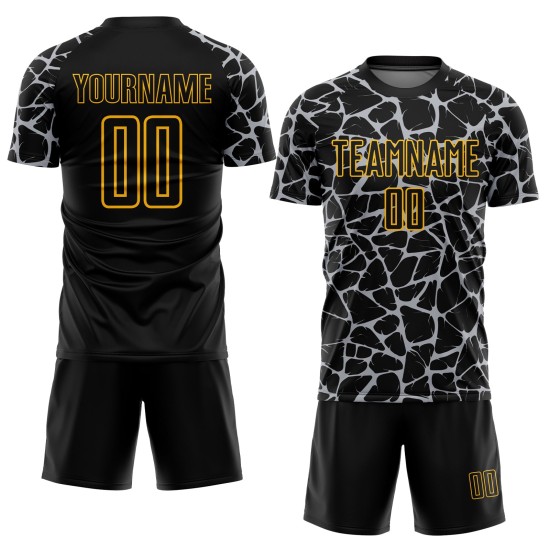 Benutzerdefinierte schwarz grau-gold abstrakte Netzwerk Splash Sublimation Fußball Uniform Trikot