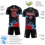 Benutzerdefinierte schwarz rot-himmelblau abstrakte Fragment Kunst Splash Sublimation Fußball Uniform Jersey Benutzerdefinierte schwarz rot-himmelblau abstrakte Fragment Kunst Splash Sublimation Fußball Uniform Jersey