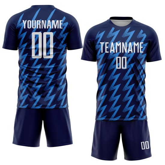 Benutzerdefiniertes Marineblaues, weiß-puderblaues Sublimations-Fußballtrikot in Zickzack-Form