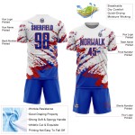 Benutzerdefinierte weiß Thunder blau-rot abstrakte Fragment Kunst Splash Sublimation Fußball Uniform Trikot Benutzerdefinierte weiß Thunder blau-rot abstrakte Fragment Kunst Splash Sublimation Fußball Uniform Trikot